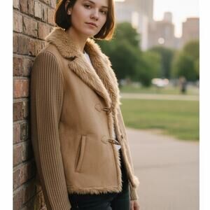 Bill Blass Sport Faux Fur Lined Vegan Suede Jacket Womens Medium Tan Vintage VTG